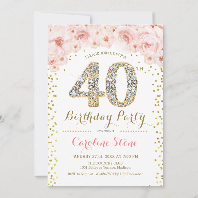 40th Birthday Party White Gold Pink Photo Invitation (Front)