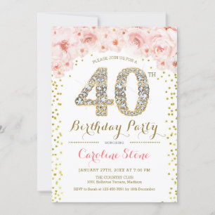 40th Birthday Party White Gold Pink Photo Invitation
