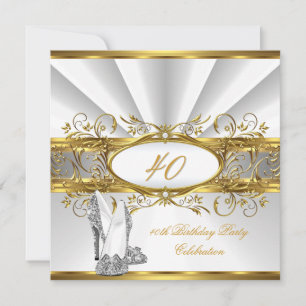 40th Birthday Party White Gold Silver Heels Invitation