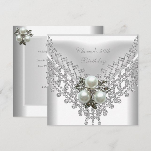 40th Birthday Party White Pearl Diamond Jewel Invitation (Front/Back)