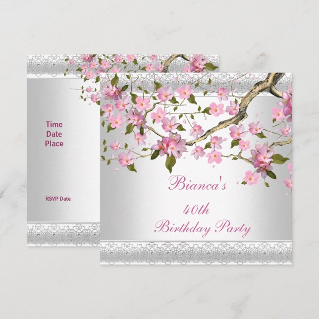 40th Birthday Party White Pink Blossoms floral Invitation (Front/Back)