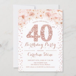40th Birthday Party - White Rose Gold Invitation