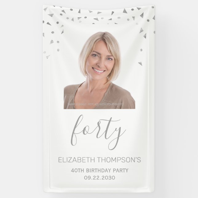 40th Birthday Party White Silver Confetti Photo Banner (Vertical)