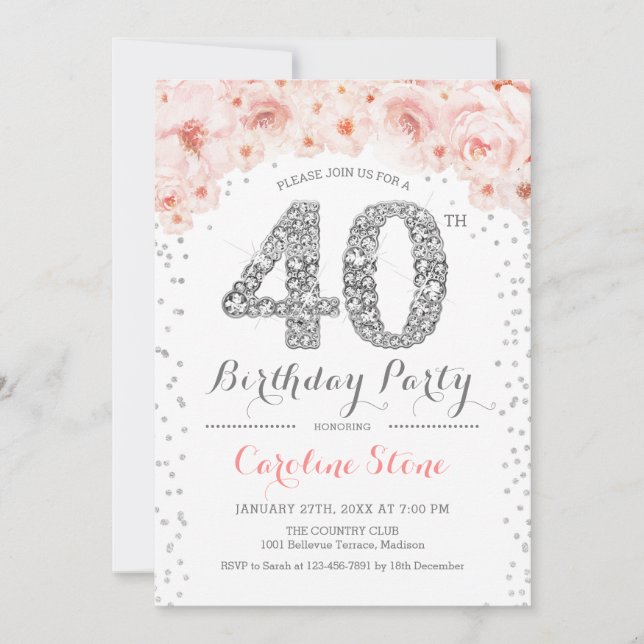 40th Birthday Party - White Silver Pink Invitation (Front)
