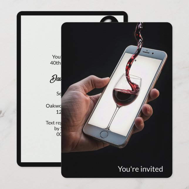 40th Birthday Party Wine On Smartphone Screen Invitation (Front/Back)