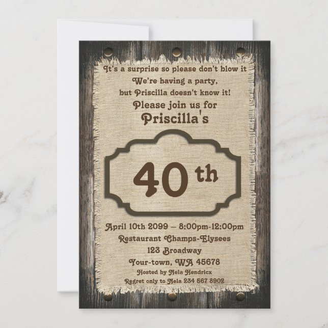 40th,Birthday Party Woman, any age,wood,rustic Invitation (Front)