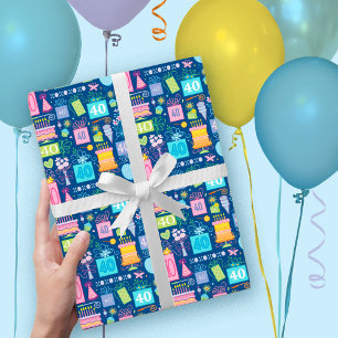 40th Birthday Pastel Blue Cake Presents Balloons  Wrapping Paper Sheet