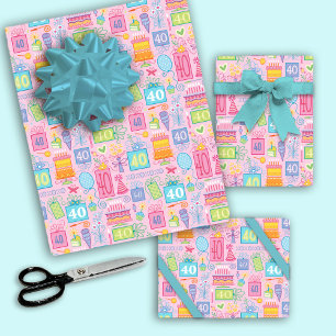 40th Birthday Pastel Pink Cake Presents Balloons  Wrapping Paper Sheet