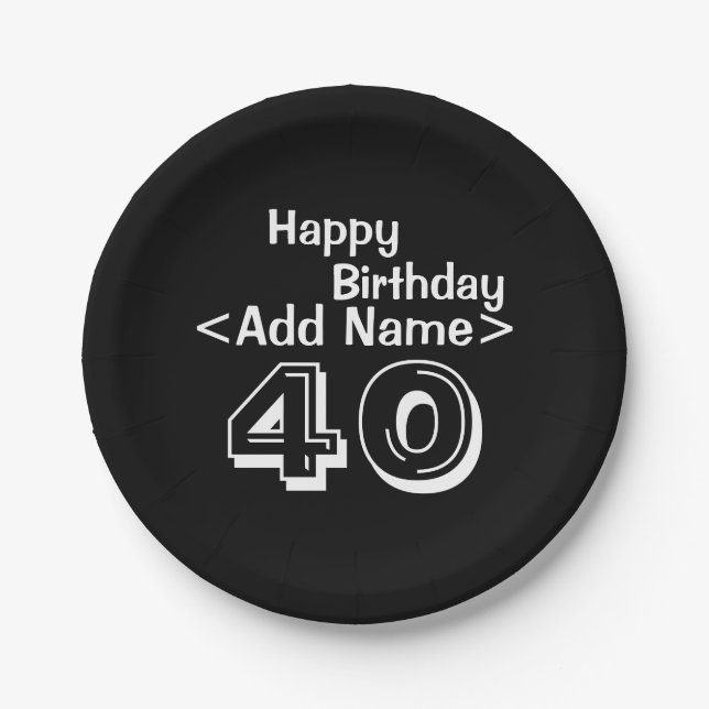 40th Birthday Personalised Black Paper Plate (Front)