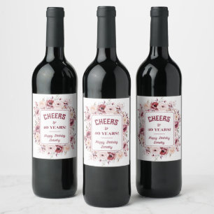 40th Birthday Personalised Burgundy Pink Floral Wine Label
