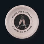 40th Birthday Personalised Glitter Champagne Toast Paper Plate<br><div class="desc">On a delicate blush pink background, our feminine 40th Birthday party plates feature blush glitter ombre overlays on top and bottom for added sparkle. Inside a black and rose gold circle logo, bubbling champagne glasses clink together in a toast to the birthday honoree. Text circled around the logo reads "Milestone...</div>