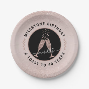 40th Birthday Personalised Glitter Champagne Toast Paper Plate