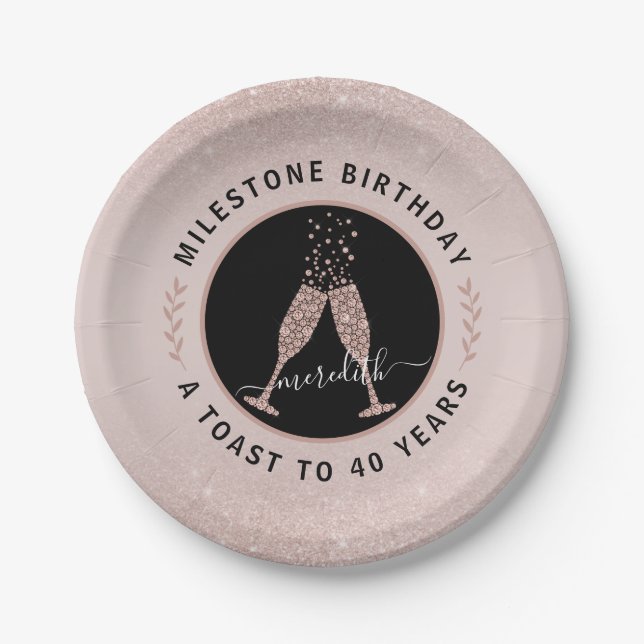 40th Birthday Personalised Glitter Champagne Toast Paper Plate (Front)