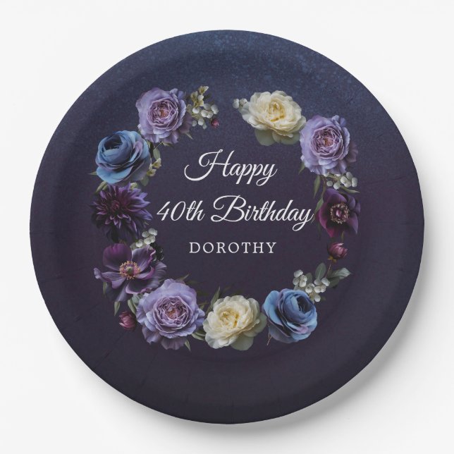 40th Birthday Personalised Moody Purple Flower Paper Plate (Front)