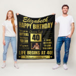 40th Birthday Personalised Photo Fleece Blanket<br><div class="desc">A large sized modern typography 40th birthday design in black and gold. This fabulous fleece blanket can be personalised with the name of the fortieth birthday recipient, a photo and a message. It contains several birthday quotes including 'life begins at 40' and 40 years loved'. If you think someone needs...</div>
