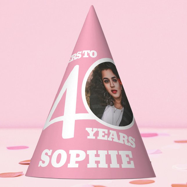 40th birthday personalised photo white light pink party hat (Creator Uploaded)