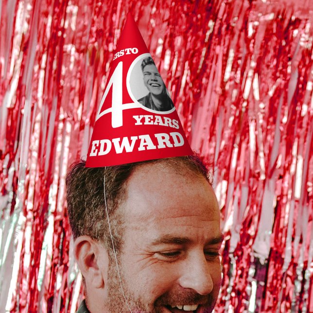 40th birthday personalised photo white red party hat (Creator Uploaded)