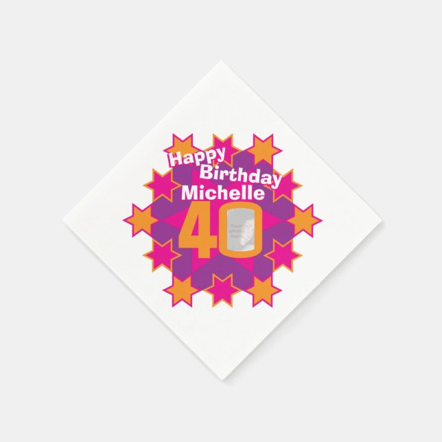 40th birthday photo and name pink star napkins (Corner)
