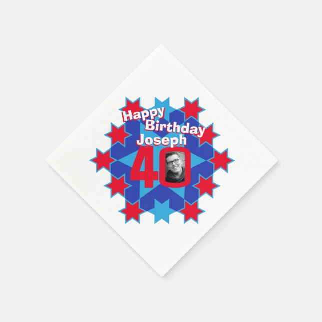 40th birthday photo and name red star napkins (Corner)