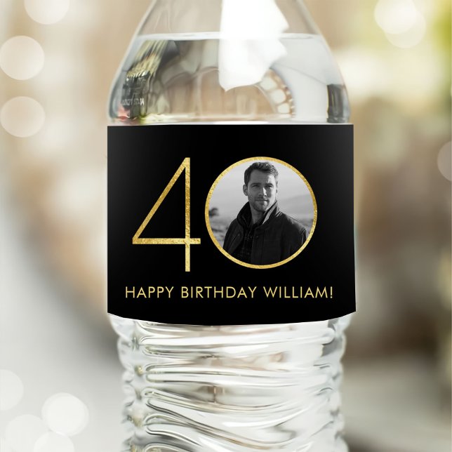 40th Birthday Photo Black And Gold Water Bottle Label (Creator Uploaded)