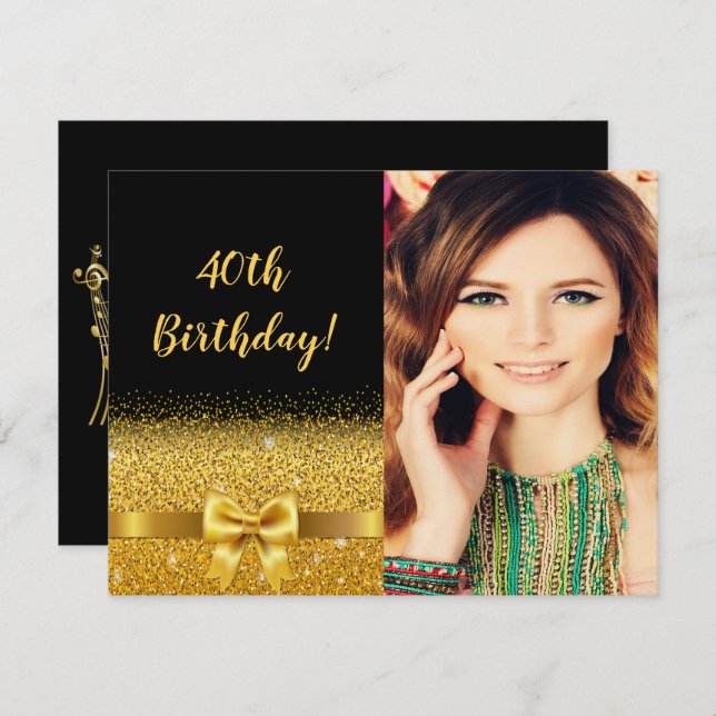 40th birthday photo black gold bow invitation (Front/Back)