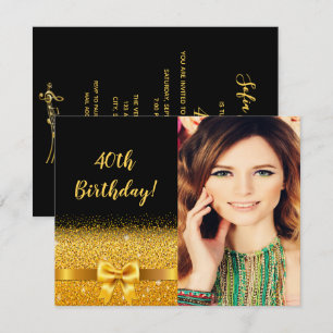 40th birthday photo black gold bow invitation