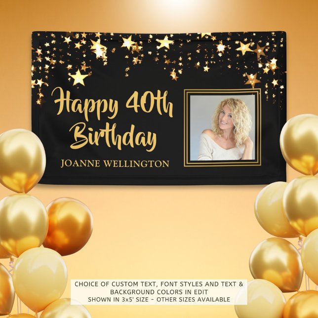 40th Birthday Photo Black Gold Stars Personalised Banner (Creator Uploaded)