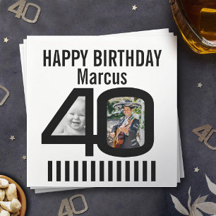 40th birthday photo black stripe 2 photos party napkin
