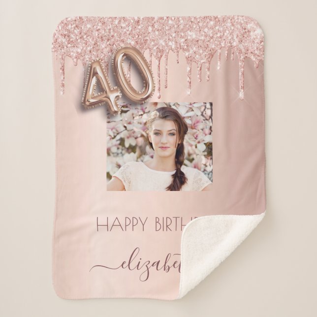 40th birthday photo blush pink rose gold glitter sherpa blanket (Front)