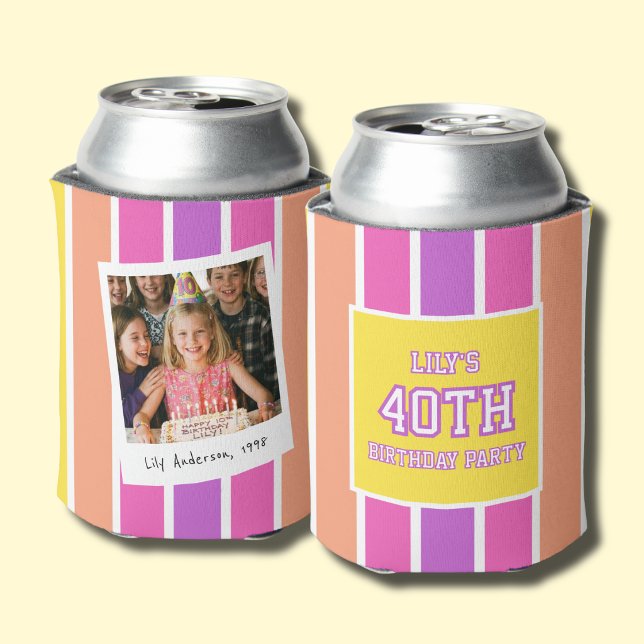 40th Birthday Photo Bright Stripe Can Cooler (Creator Uploaded)