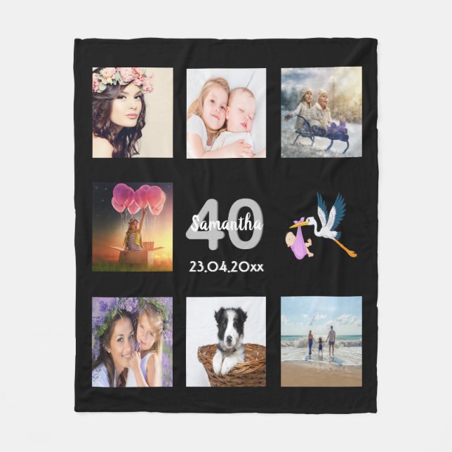 40th birthday photo collage black fleece blanket (Front)