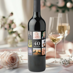 40th birthday photo collage black wine label