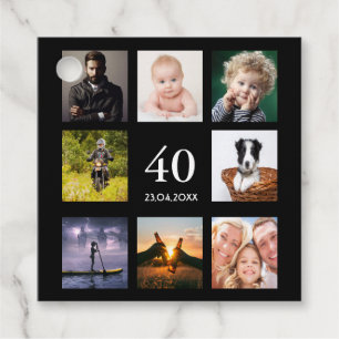 40th birthday photo collage guy black thank you favour tags