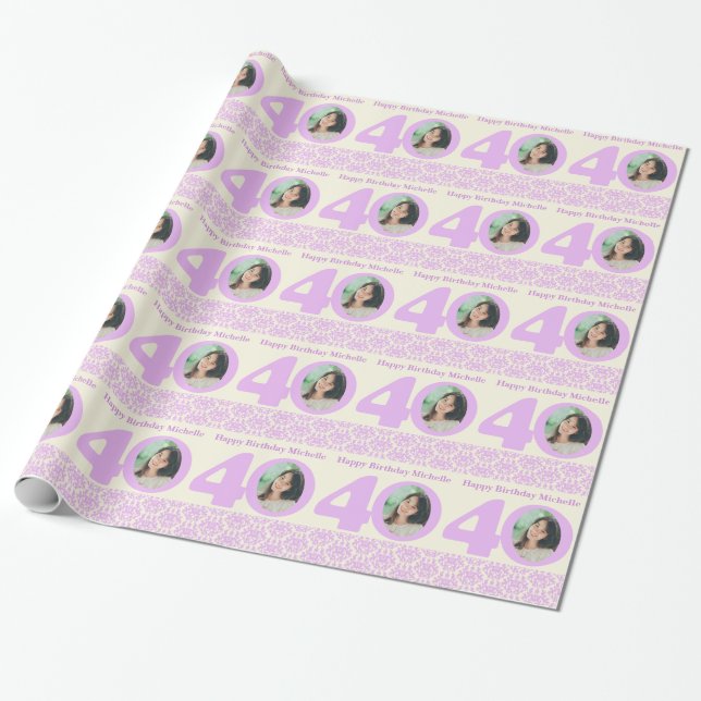 40th Birthday photo damask cream purple wrapping Paper (Unrolled)