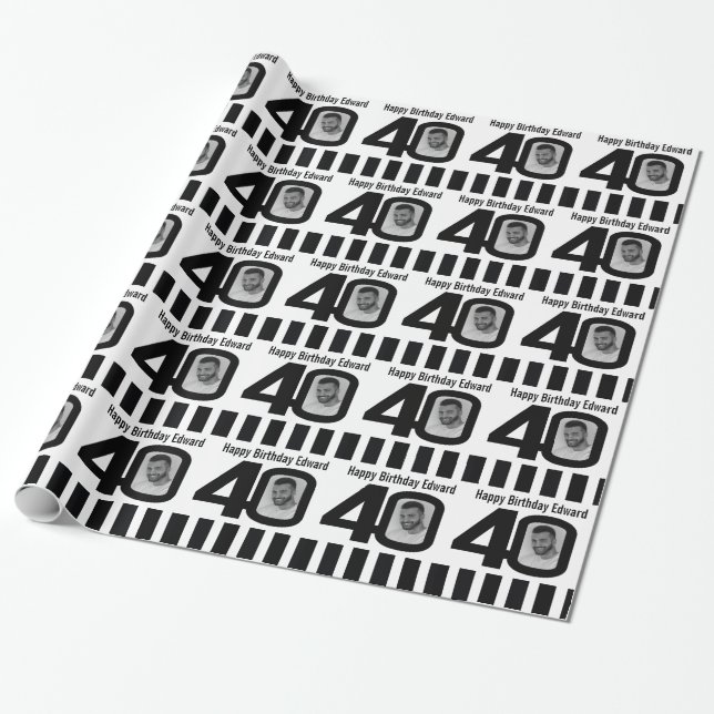 40th Birthday photo fun black and white wrapping Wrapping Paper (Unrolled)