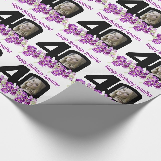 40th Birthday photo fun mono and purple flowers Wrapping Paper (Corner)