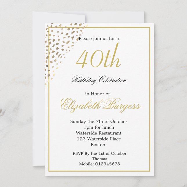 40th Birthday Photo Gold  Elegant  Invitation (Back)