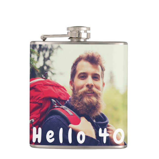 40th birthday photo hello 40 guy man hip flask (Front)