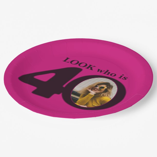 40th birthday photo look dark pink paper plate (Angled)