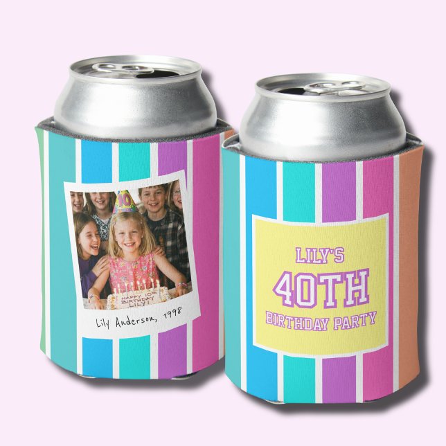 40th Birthday Photo Multcolor Stripe Can Cooler (Creator Uploaded)