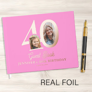 40th Birthday photo name pink rose gold Guest Book