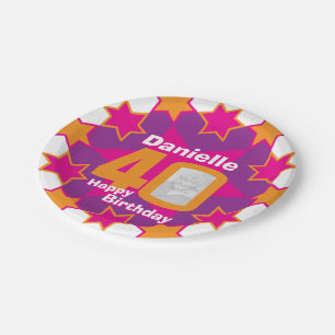 40th birthday photo name pink star paper plate