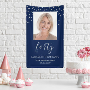40th Birthday Photo Navy Blue Silver Confetti Banner
