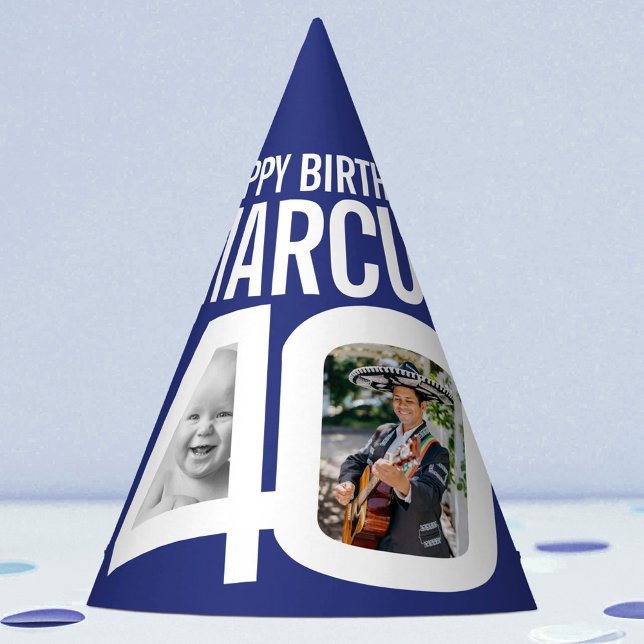 40th birthday photo personalised blue white party hat (Creator Uploaded)