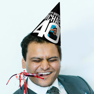 40th birthday photo personalised white black party hat