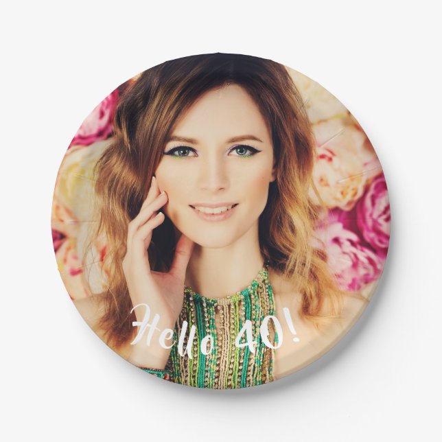 40th Birthday photo pink floral pattern Paper Plate (Front)