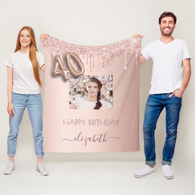 40th birthday photo rose gold glitter blush pink fleece blanket (In Situ)
