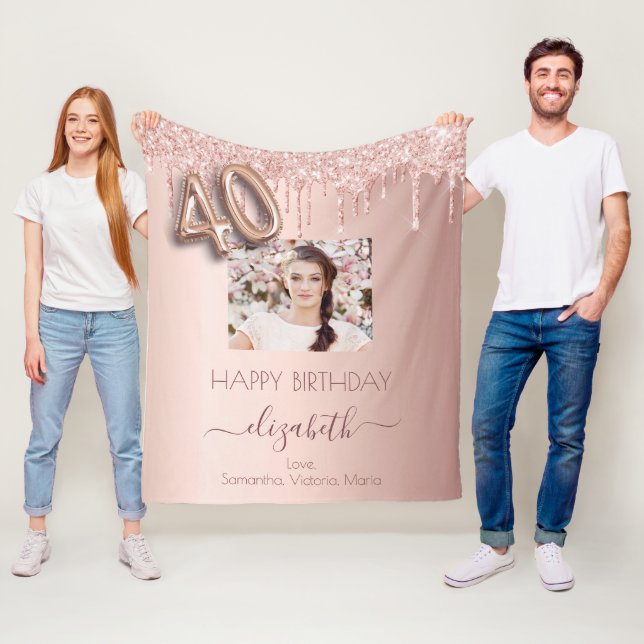 40th birthday photo rose gold glitter pink friends fleece blanket (In Situ)