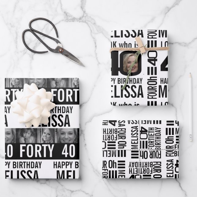 40th birthday photos mono black and white wrapping paper sheet (Front)
