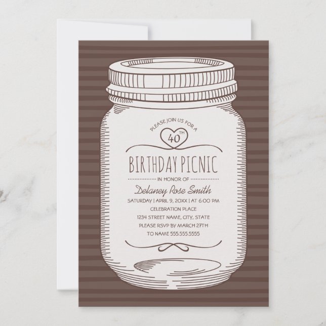 40th Birthday Picnic Party Rustic Mason Jar Invitation (Front)